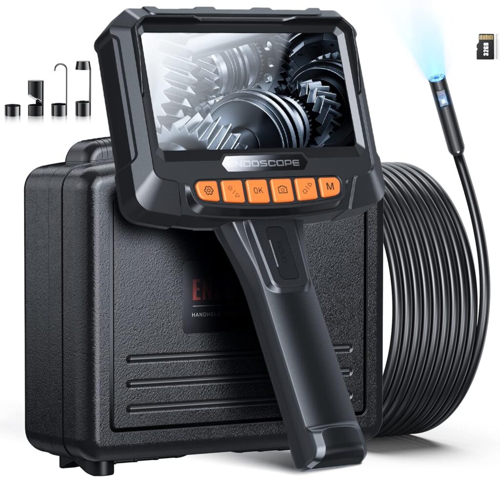 Endoscope Camera with Light, Inspection Camera with 5 IPS Screen, Endoscope with 32GB TF Card, 16.4ft Semi-Rigid Cable Borescope with Dual Lens, IP67 Waterproof LED Lights, Hardshell Case (Orange)