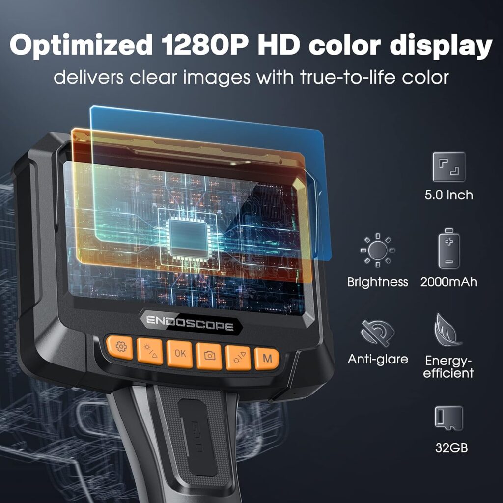 Endoscope Camera with Light, Inspection Camera with 5 IPS Screen, Endoscope with 32GB TF Card, 16.4ft Semi-Rigid Cable Borescope with Dual Lens, IP67 Waterproof LED Lights, Hardshell Case (Orange)
