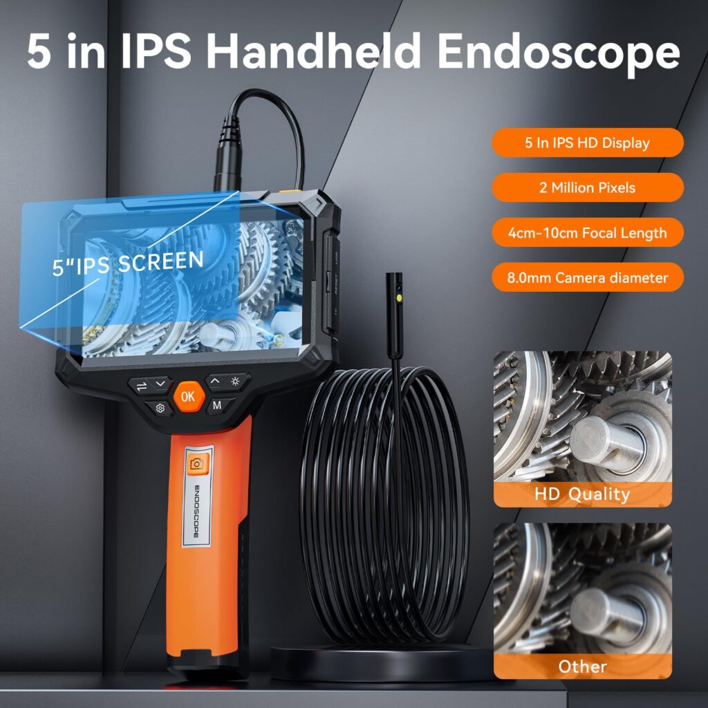 Endoscope Camera with Light, SKYEAR Handheld Borescope 4.3 HD 1080P with 8 Adjust LED Lights, Inspection Camera with 16.4ft Semi-Rigid Cable, IP67 Waterproof Scope Camera for Swer, Gadgets for Men