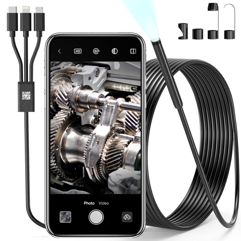 Endoscope Camera with Light, 1080P HD Borescope with 6 Adjustable LEDs, 0.3IN IP67 Waterproof Inspection Camera 9.8FT semi-Rigid Snake Cable, 3 in 1 Endoscope Camera (for Apple,Type-C, Android)