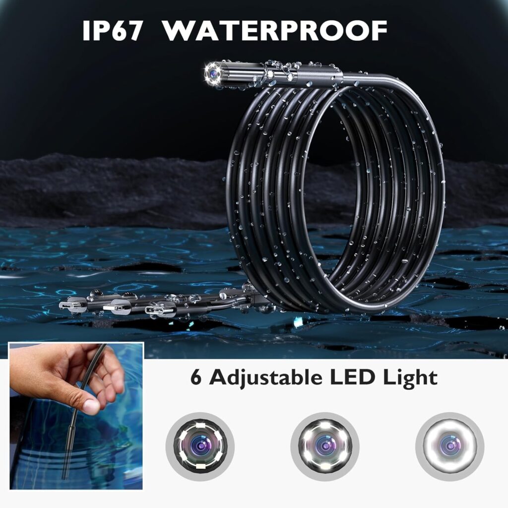 Endoscope Camera with Light, 1080P HD Borescope with 6 Adjustable LEDs, 0.3IN IP67 Waterproof Inspection Camera 9.8FT semi-Rigid Snake Cable, 3 in 1 Endoscope Camera (for Apple,Type-C, Android)